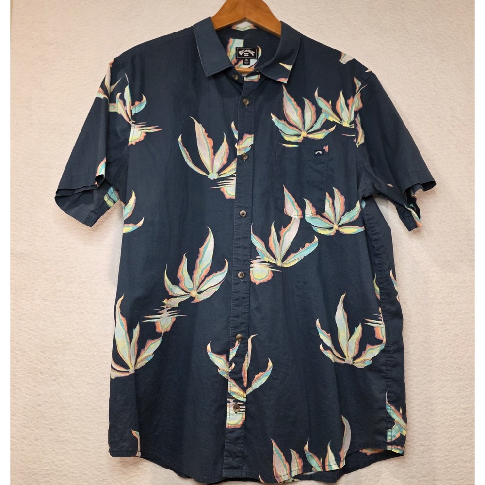 Billabong Hawaiian Blue & Multicolored Floral Hibiscus Button-Up Shirt XL Men's